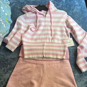 Pink and White Striped Hoodie and Shorts Set